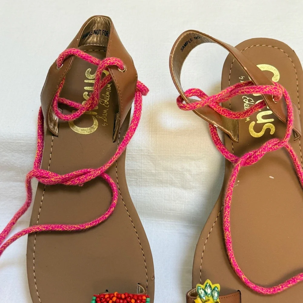 Circus by Sam Edelman Binx Sandals 6 Brown Pink Beaded Fruit Tassel Lace Up Flat